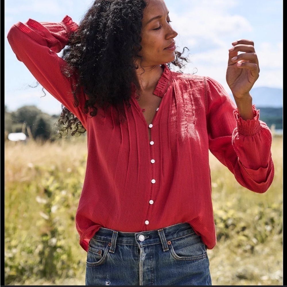 Faherty Women's Willa Top Carmine Red Button Up Blouse Size Small Cottagecore
